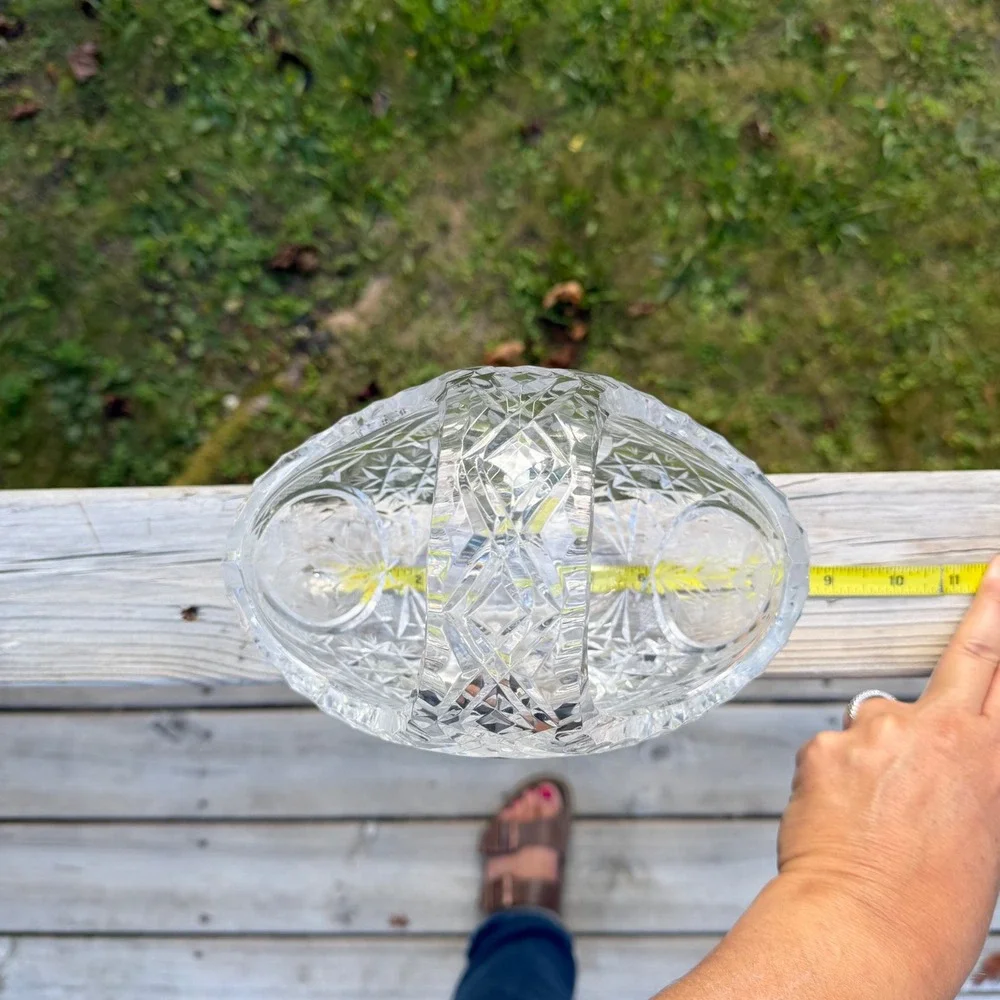 Vintage Cut Crystal Glass Basket Frosted Floral Etched Centerpiece with Handle